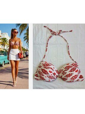 COBEY CALZEDONIA ITALY "PRETTY PINUP BEAUTY" PADDED PUSH-UP LIPS BIKINI TOP 34 S